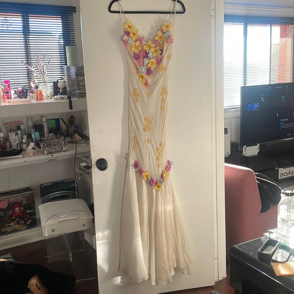 Vintage silk dress with hand sewn flowers